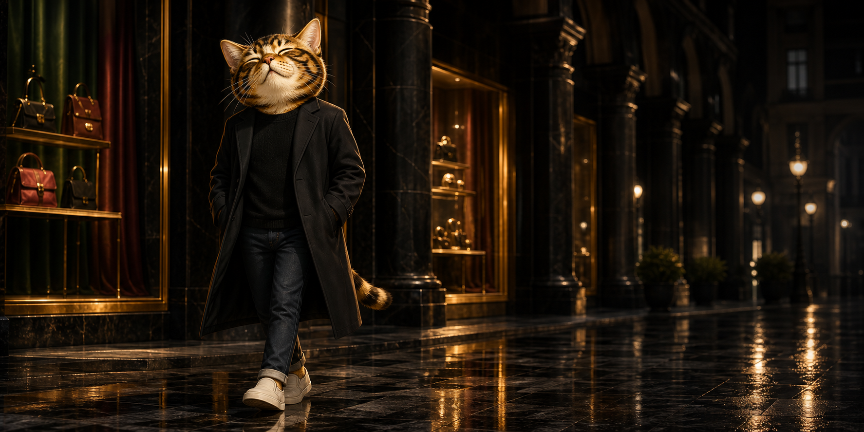 Gucci Cate walking through a midnight fashion arcade
