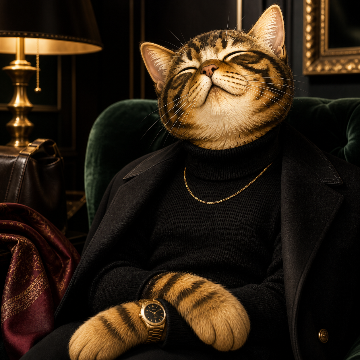 Gucci Cate wearing a black turtleneck in a velvet salon